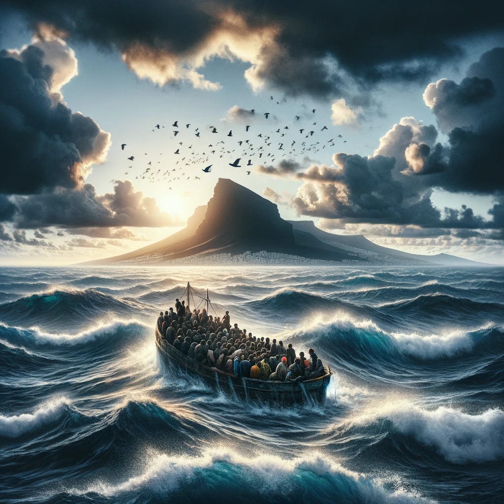 A symbolic representation of the migrant crisis in the Canary Islands. The foreground shows a small, overwhelmed boat filled with people of diverse backgrounds, symbolizing the migrants. The sea is rough, representing the perilous journey. In the background, the silhouette of the Canary Islands, particularly El Hierro, is visible, symbolizing the destination. The sky is a mix of stormy and clear, reflecting the uncertainty and hope of the migrants. The image should convey a sense of struggle, hope, and complexity of the situation, with a focus on the human element in this crisis.