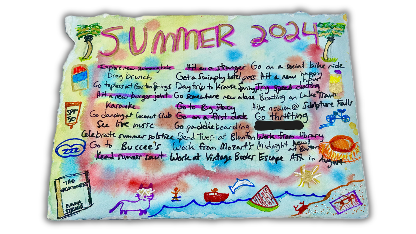 A summer 2024 summer bucket list made from water colors and markers.
