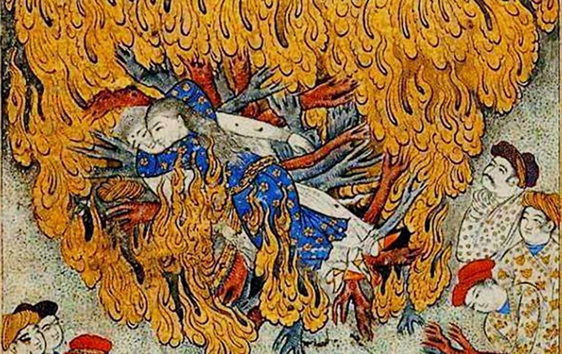 Detalle de la ilustración del siglo XVII de una mujer que comete un suttee: autoinmolación en la pira funeraria de su marido. (Dominio publico)