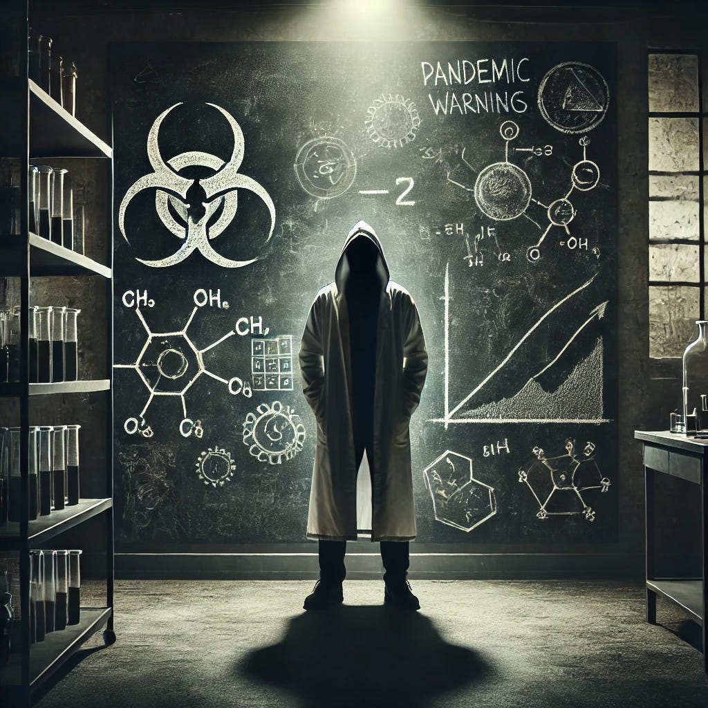 A dramatic and ominous scene with a shadowy figure in a lab coat standing in front of a dark chalkboard filled with mysterious diagrams and equations, alluding to pandemic warnings. The setting is dimly lit with a single spotlight highlighting the figure, creating an eerie and mistrustful atmosphere. The background suggests a scientific lab with unclear intentions, and the overall tone is dark and foreboding.