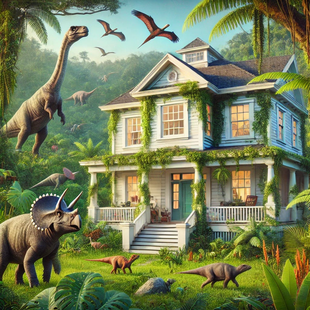 A suburban colonial house in a Cretaceous rainforest, surrounded by prehistoric plants and dinosaurs. The house has white siding, large windows, and a welcoming front porch with columns. Vines and ancient ferns grow around the house, blending it into the lush, green environment. Dinosaurs roam the area, including a family of Triceratops grazing near the garden and a towering Brachiosaurus reaching for the treetops. In the background, Pterodactyls soar overhead, and distant roars echo through the dense foliage. The scene is filled with the vibrant colors of the rainforest, creating a mix of modern suburban life and prehistoric nature.