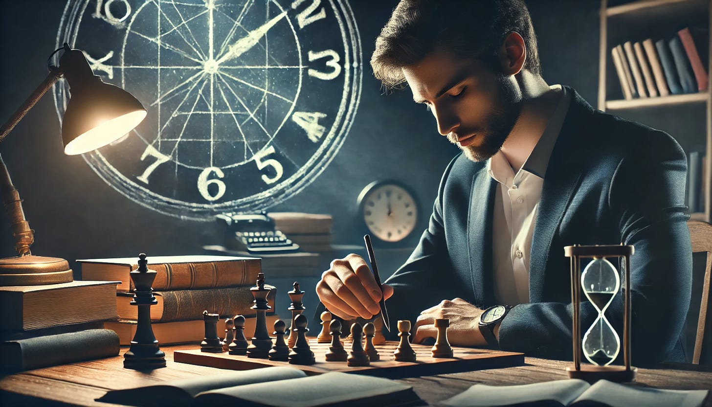 A serene yet focused individual working quietly at a desk in a dimly lit room, surrounded by books and papers, with a chessboard prominently displayed, showing a decisive checkmate move. In the background, a faint silhouette of a clock highlights the passage of time, reinforcing the theme of strategic silence and timely action. The overall atmosphere is one of calm determination and meticulous planning.