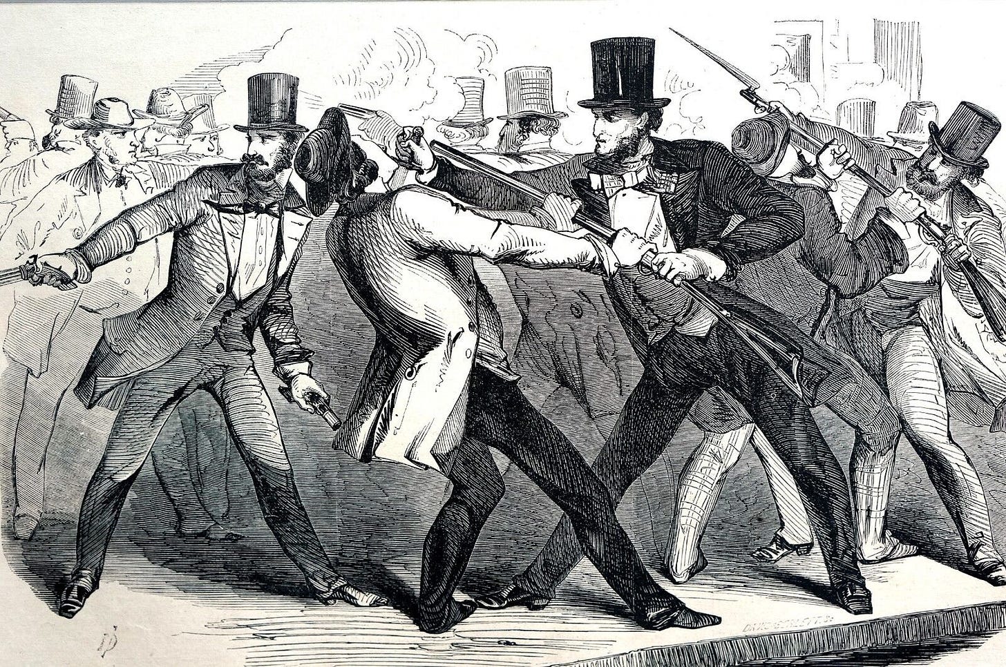 A woodcut illustration of men in top hats fighting. Look up the San Francisco Insurrection of 1856 for a good time.