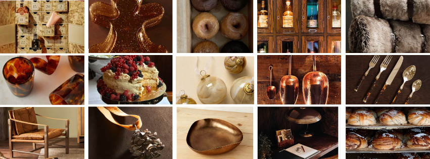 A warm and inviting collage of amber-toned holiday décor and treats. Featured are amber glass tumblers, marbled Christmas ornaments, bronze flatware, copper ladles, and a gingerbread-shaped cookie cutter. Highlights include doughnuts, gourmet pastries, and a layered cake topped with fresh berries, all creating an indulgent and festive atmosphere.