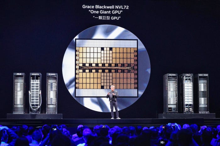 Jensen Huang presenting the Grace Blackwell NVL72 GPU at Computex.