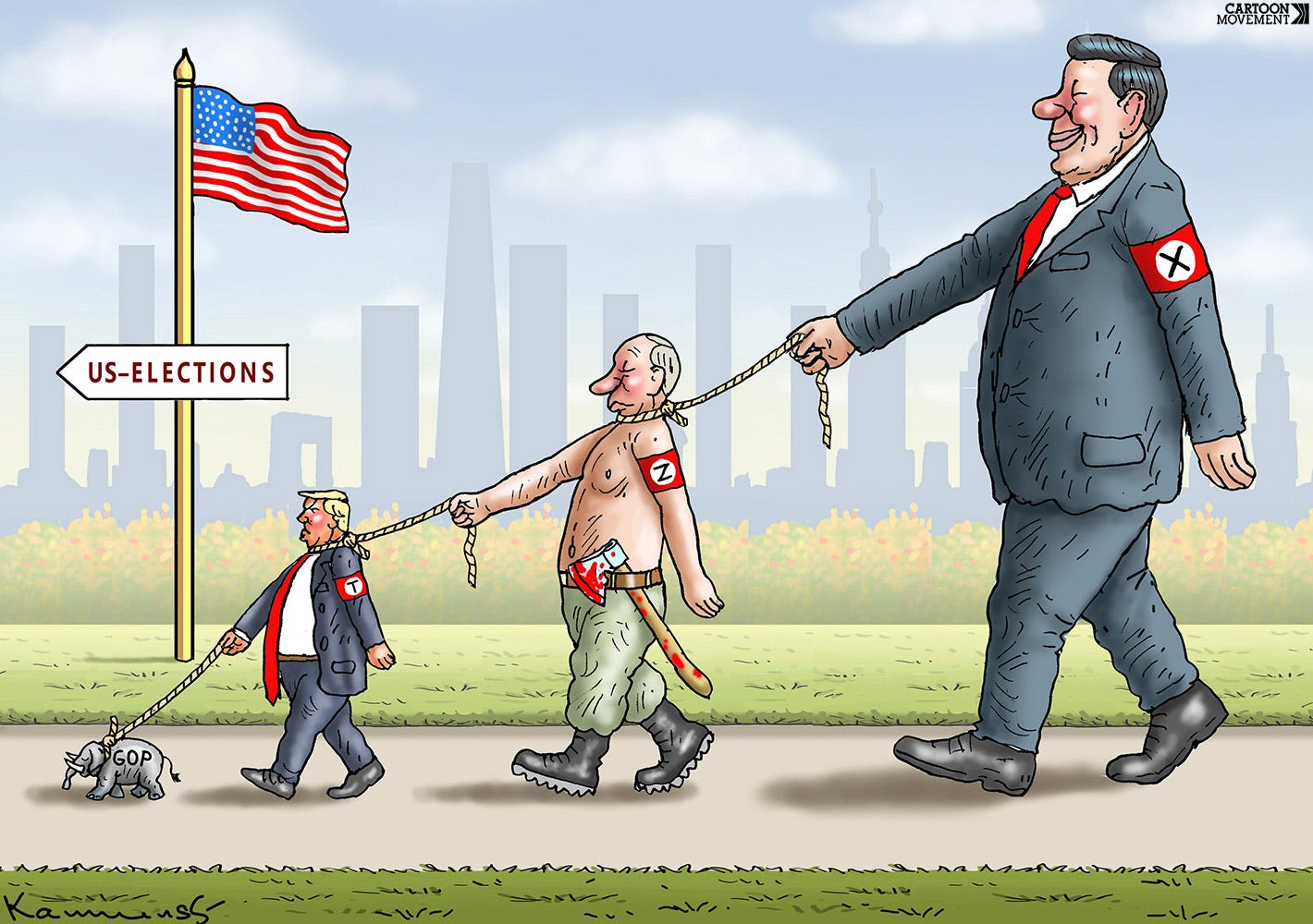 Cartoon showing Donald Trump who has a tiny elephant on a leash. Trump himself is on the leash of a bigger Putin, who is on a leash of an even bigger Xi Jinping. In the background we see the US flag and a sign that says "US elections".