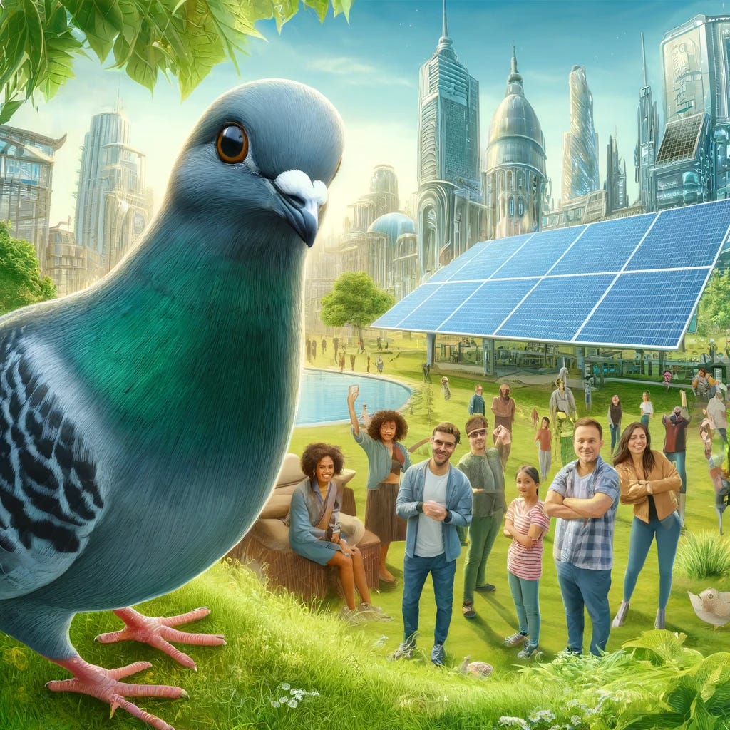 A delightful illustration of a normal-sized pigeon as the focal point in a solarpunk city park. The pigeon, detailed and close to the camera, is situated in the foreground, giving a sense of intimacy and focus. In the background, diverse people are seen smiling and enjoying the presence of the pigeon in a lush, green park with futuristic elements like solar panels and eco-friendly buildings. The scene conveys a sense of community and ecological harmony, emphasizing the pigeon's accepted and celebrated role in a sustainable urban landscape, without making the pigeon appear unnaturally large.