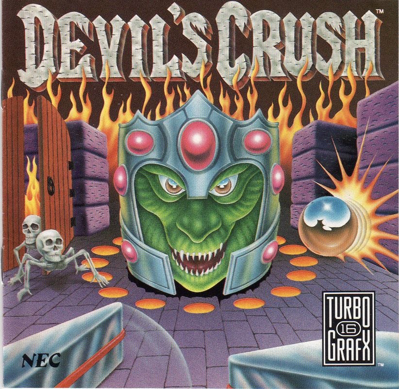 The box art for Devil's Crush on the Turbografx-16, featuring the reptilian form of the giant head in the middle of the table in its helmet, with skeletons crawling around on all fours, doors and stone walls on the sides, and a pinball flying through the air. The entire background behind it all is aflame, with the Devil's Crush logo on top of the art.