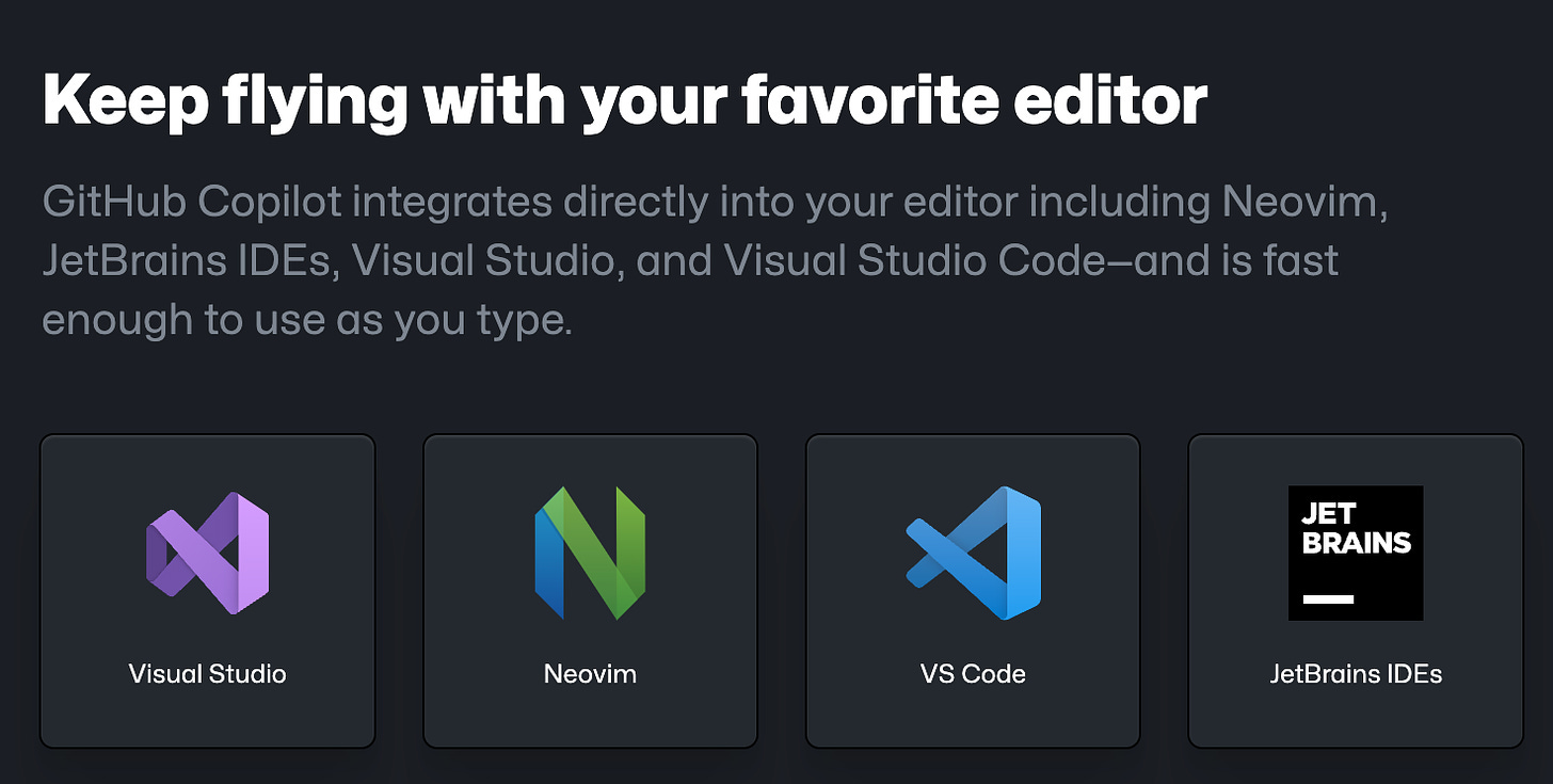 An advertisement from GitHub Copilot announcing that it integrates with Visual Studio, Neovim, VS Code, and JetBrains IDEs.
