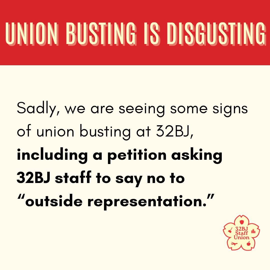 UNION BUSTING IS DISGUSTING

Sadly, we are seeing some signs of union busting at 32BJ, including a petition asking 32BJ staff to say no to “outside representation.”

32BJ Staff Union logo