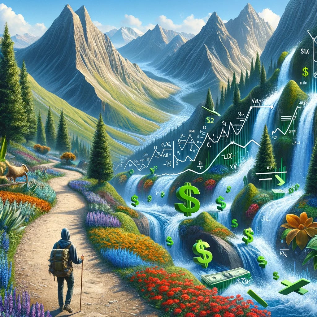 A creative representation of volatility and investing. Visualize a trader hiking up a series of increasingly higher mountains. The mountains have a picturesque aesthetic with vibrant flowers and clear signs of high altitude. Along the path, there are waterfalls, but instead of water, these falls are made of financial liquidity. The liquidity is represented by a stream of currency notes, coins, and financial symbols like dollar signs. Additionally, math and Greek symbols commonly used in finance (like alpha, beta, sigma) are flowing in the stream. The scenery blends the beauty of nature with the concepts of finance and investment.