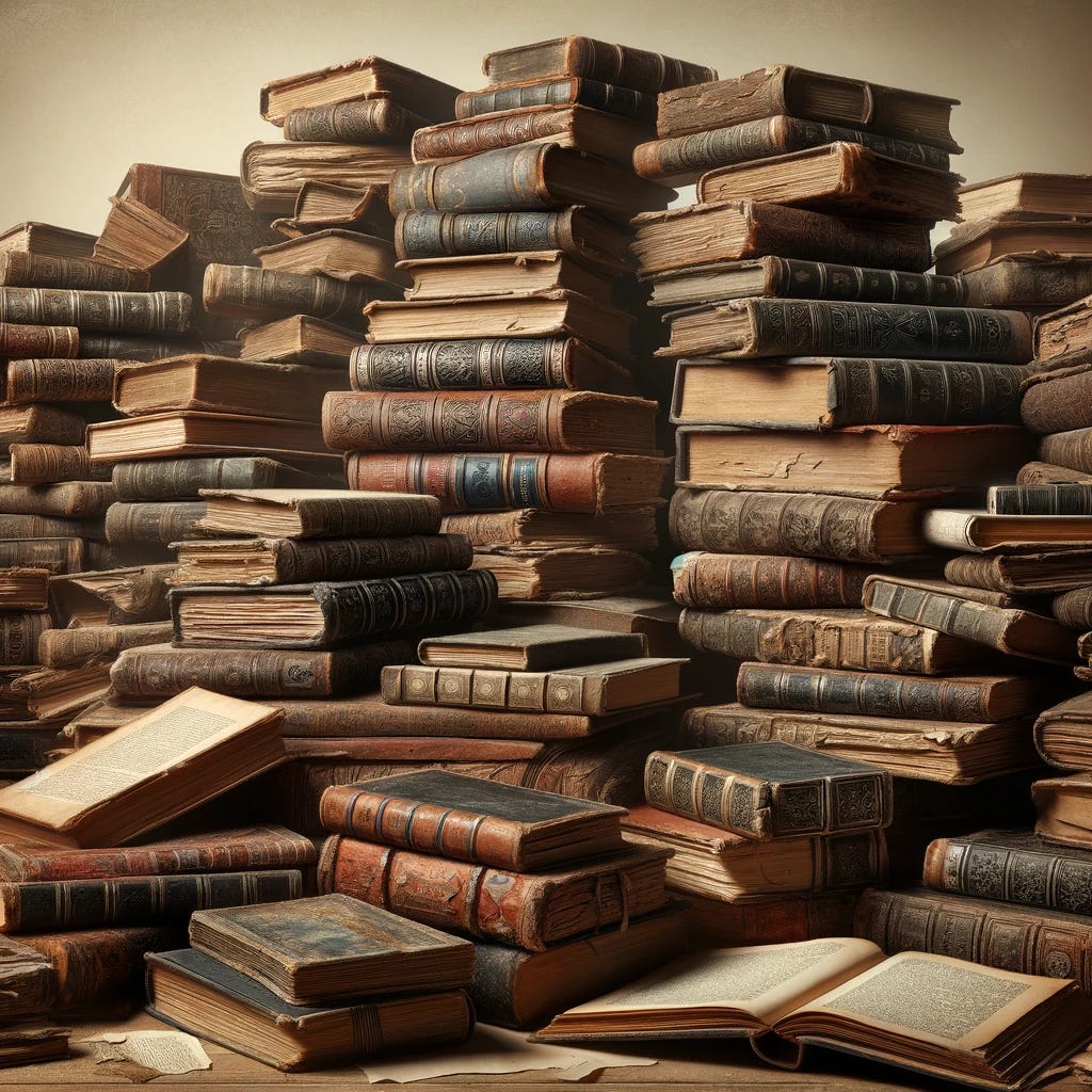 A chaotic and disorderly pile of old, dusty books with worn covers. The books vary in size and thickness, featuring different printing styles to emphasize their age. The scene captures the essence of an antique collection, with books stacked haphazardly, some laying open while others are closed, showcasing their frayed edges and faded colors. A layer of dust covers the books, adding to the vintage feel of the scene. The background is simple to keep the focus on the detailed textures of the aged book covers.