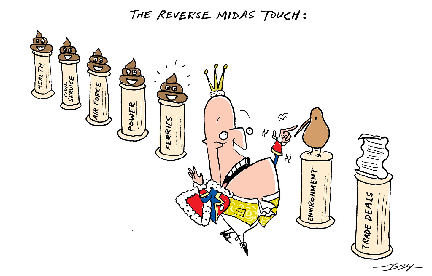 Cartoon by Guy Body with Luxon having a reverse Midas touch and turning everything not to gold but to poo.