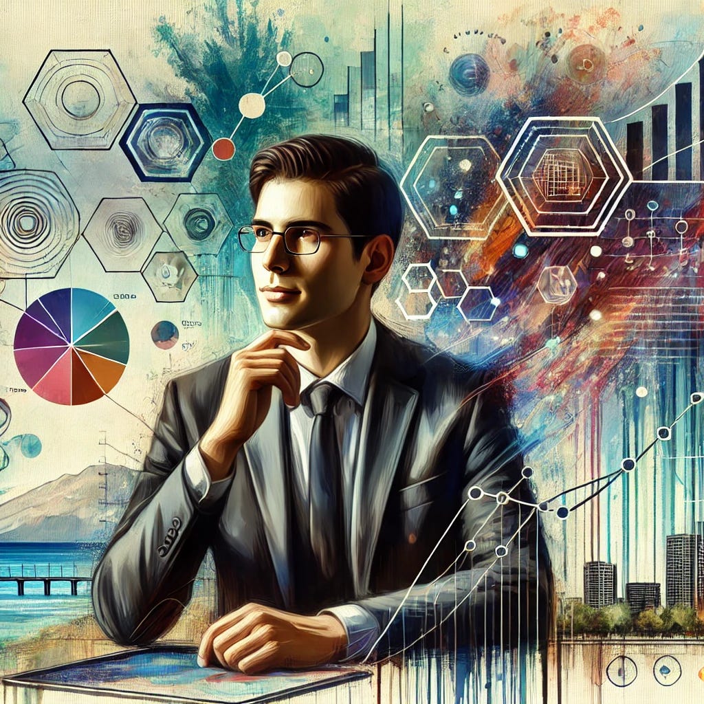 A portrait painting of a professional consultant and analyst, sitting at a desk with a thoughtful expression. The individual has a warm and approachable demeanor, suggesting deep involvement in digital communication and public strategies. They are surrounded by elements symbolizing innovation and data analysis, such as abstract graphics, computer screens, and cityscape models. The style is modern with a hint of surrealism, combining vivid colors and a dynamic background representing both urban and natural elements, like the sea and mountains.