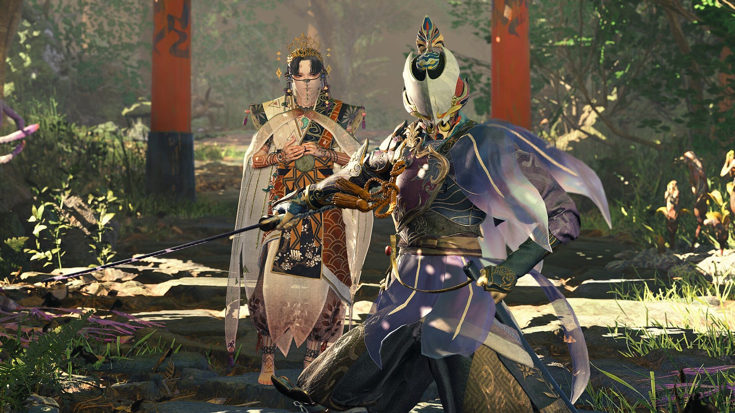 Video game screenshot of a person in purple robes extending a sword while a woman in a kimono stands behind them.