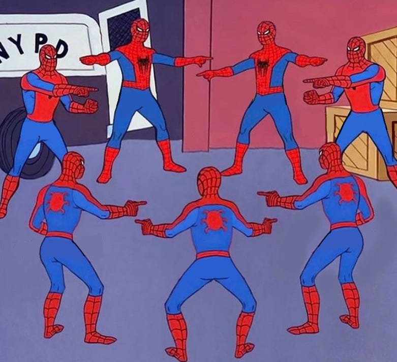 8 spidermen pointing Blank Template - Imgflip