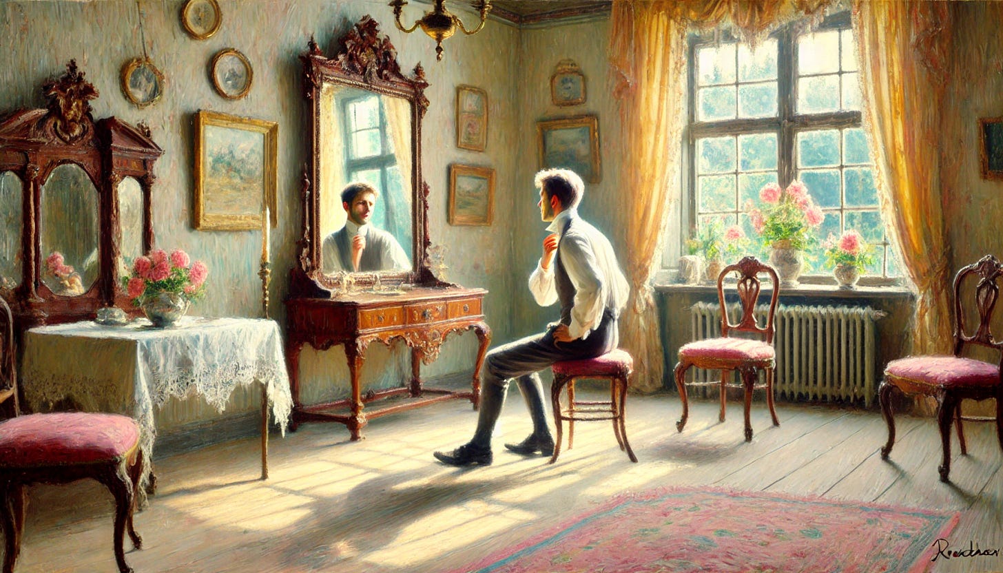 An impressionistic oil painting of a man looking at himself in a mirror, styled reminiscent of Fritz Syberg. The scene is filled with soft, dappled sunlight and a serene atmosphere, set in an old European interior from the 1900s era. Gentle, pastel-like colors reflect the peaceful, sunny day, with antique furniture and decor subtly showcasing the early 20th-century charm. The man appears thoughtful as he observes his reflection, capturing a quiet moment in a timeless, nostalgic setting.