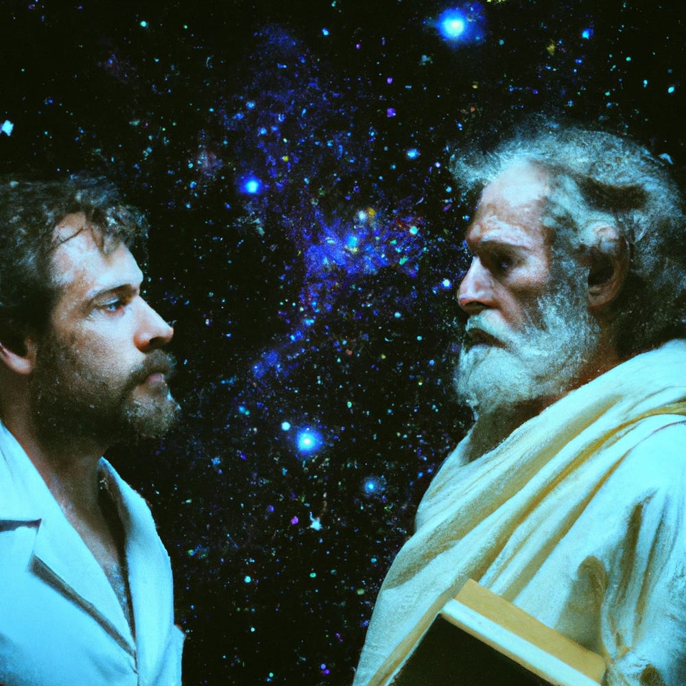 Historical Socrates in a toga talking to modern scientist in a white lab coat.