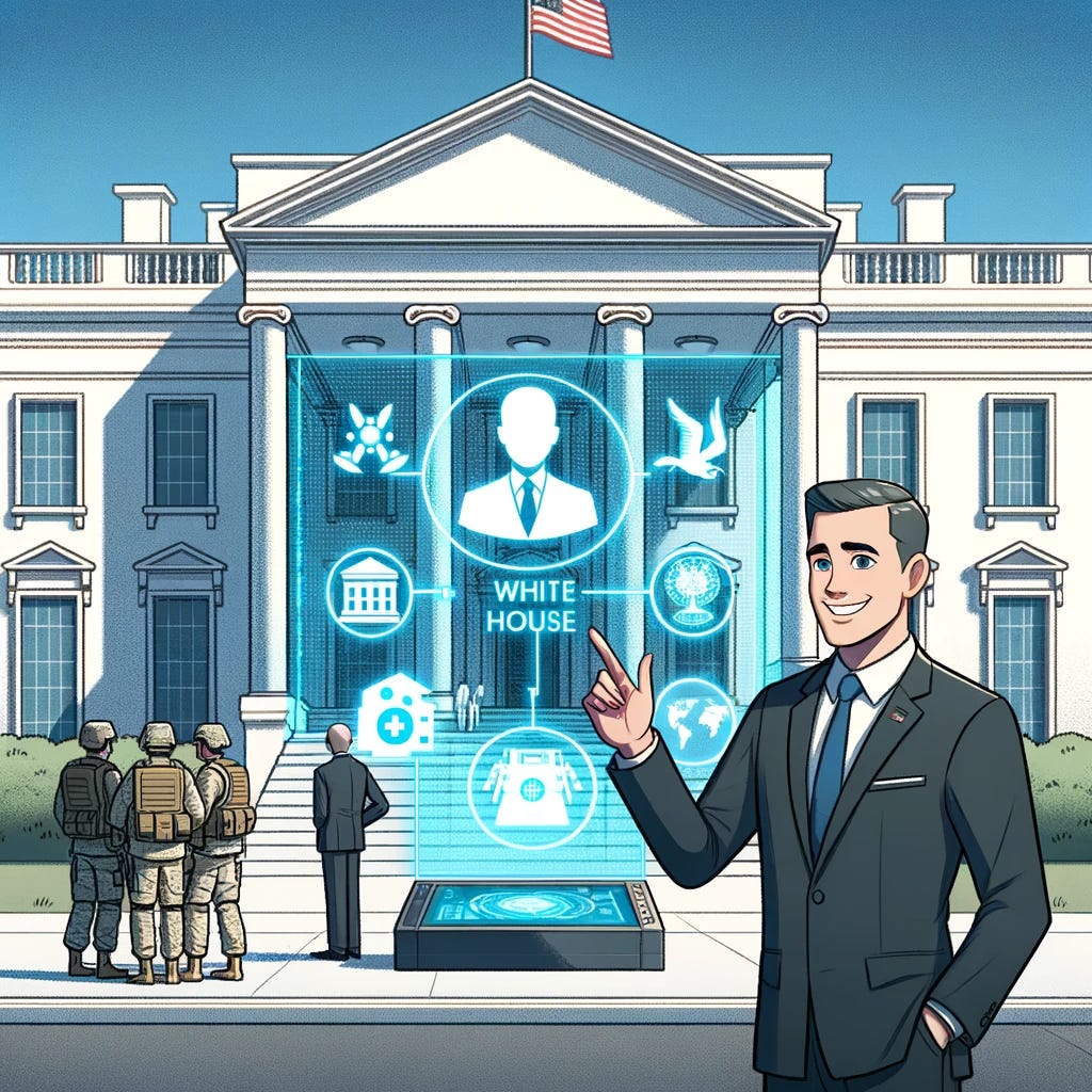 Cel-shaded 3D illustration of a government building representing the White House. In front, a smiling politician gestures towards a holographic display showing AI advancements in healthcare, education, and environment. Behind him, slightly obscured, are military figures examining another holographic display with symbols of defense and security. The scene has clean lines, a professional color palette, and a stylized hand-drawn aesthetic.