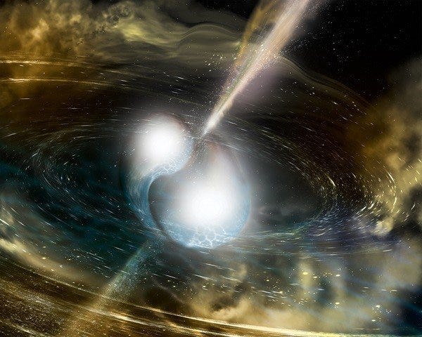 An artist’s depiction of a neutron star merger. These mergers produce heavy elements like gold and platinum in abundance. 