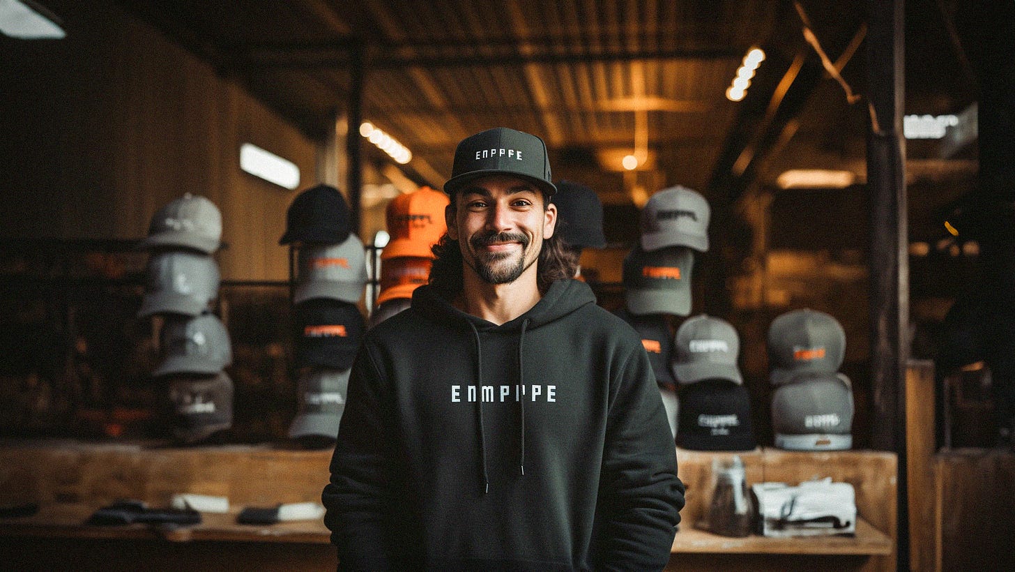 A man grins brightly in front of a large display of caps. He is hearing a Black Athletic Cap and a Black sweatshirt that features white text logo marks.