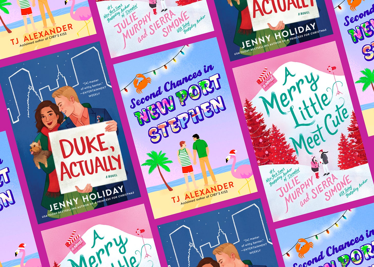 A collage of book covers: Duke, Actually by Jenny Holiday; Second Chance in New Port Stephen by TJ Alexander; and A Merry Little Meet Cute by Julie Murphy and Sierra Simone.