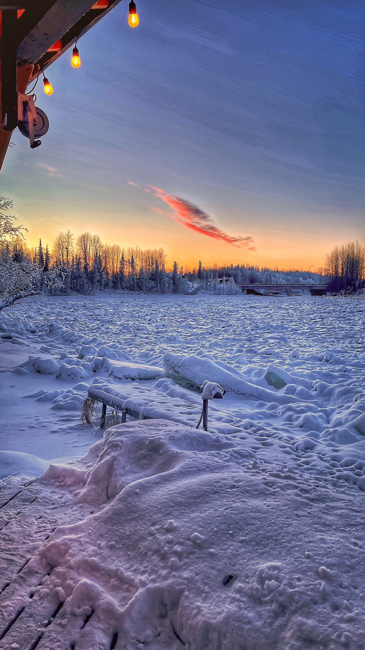 frozen river sunset