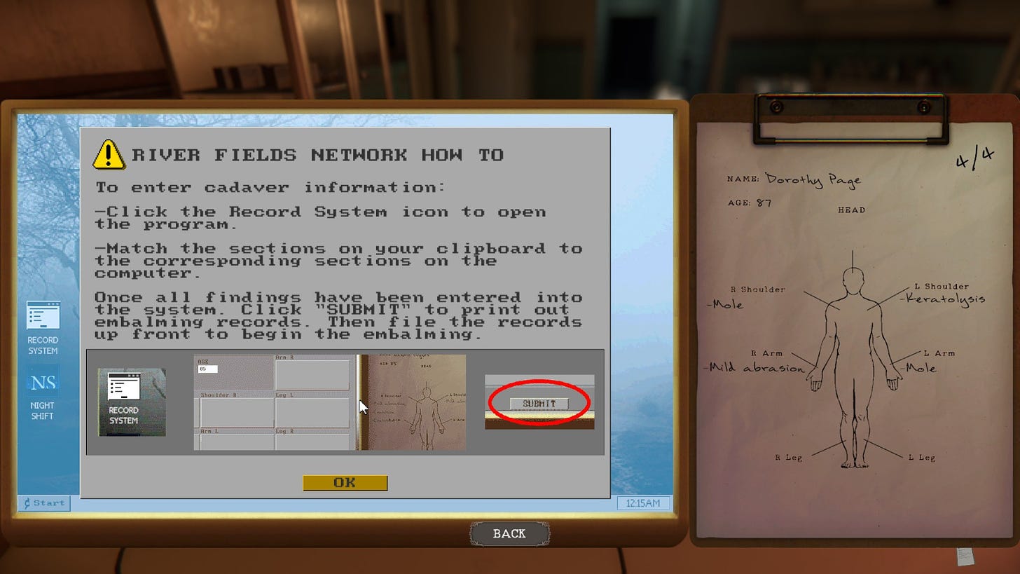 A screenshot of the computer screen from in the game. It has a very rudimentary operating system compared to Windows 95, detailing how to enter required data about each cadaver as part of Rebecca's duties.