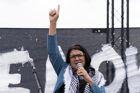 Rep. Rashida Tlaib, D-Mich., speaks during a rally at the National Mall during a pro-Palestinian demonstration in Washington on Oct. 20, 2023.