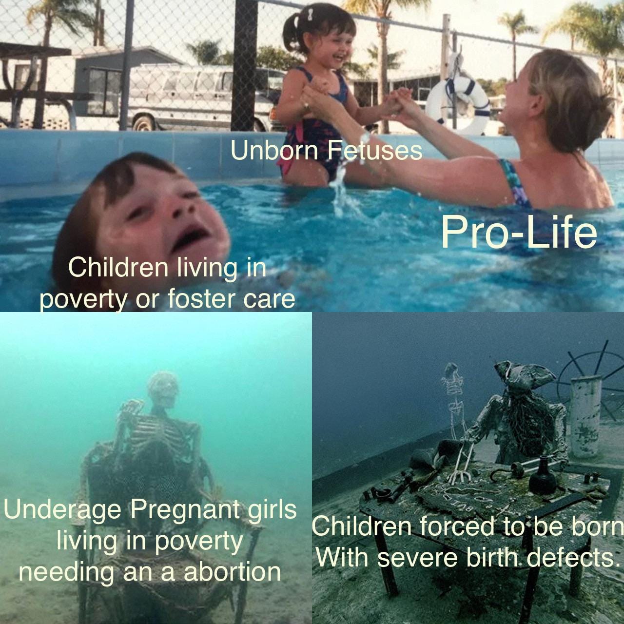 four pictures showing different stages of drowning with captions describing how the GOP is not actually "pro-life" toward children