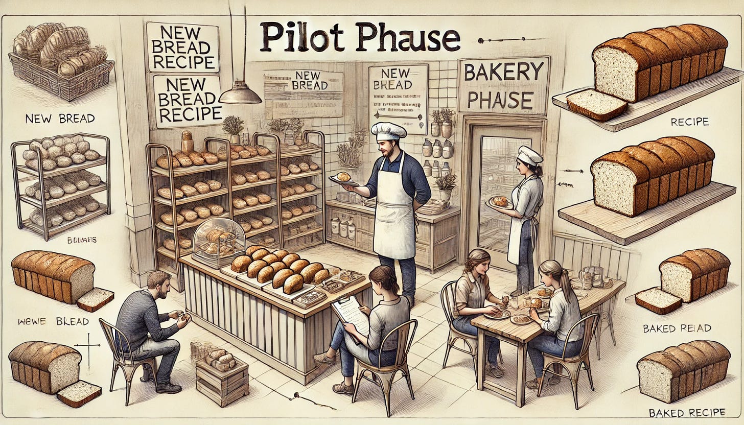 An image showing the Pilot phase for a bakery testing a new bread recipe. The image includes a small bakery shop with a limited display of the new bread loaves on sale. Customers are tasting samples of the bread, providing feedback to a baker in an apron and chef's hat. The scene also includes a cozy, well-lit bakery interior with shelves of ingredients and baked goods. There is a sense of real-world testing and customer interaction, with the baker taking notes on a clipboard.