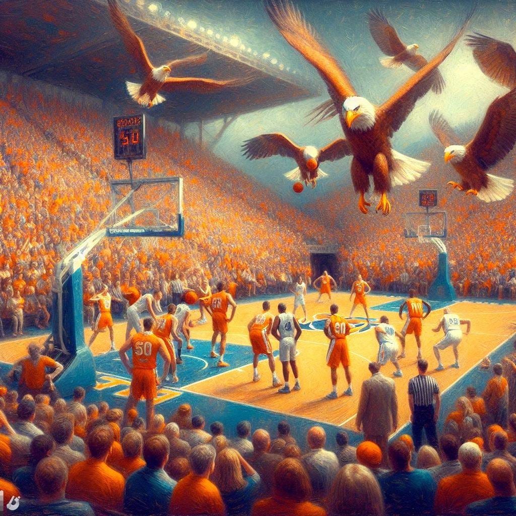 Georgia Southern and Tennessee playing a basketball game in an eagle sanctuary, impressionism