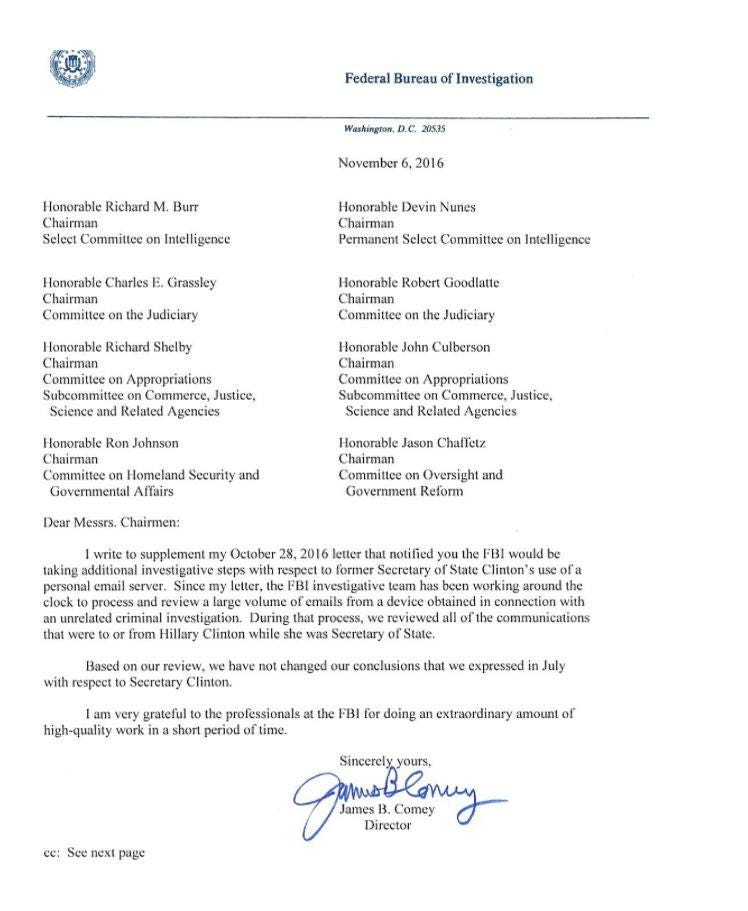 james comey retraction letter fbi on hillary clinton