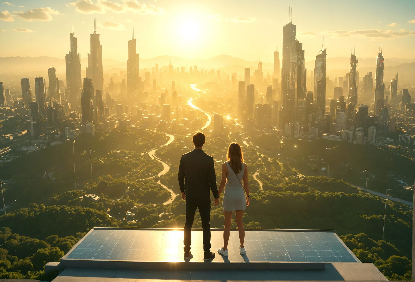 sci-fi movie still, wide-angle cinematic, a man and a woman wearing clean and simple clothes stand on a high ledge looking down over a futuristic city with tall white skyscrapers and covered with trees, solar panels, and wind turbines, bright golden sunlight with lens flare, hopeful and positive