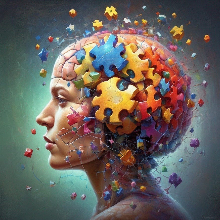 A woman whose brain are depicted as puzzle pieces to show the effect of meditation on the mind