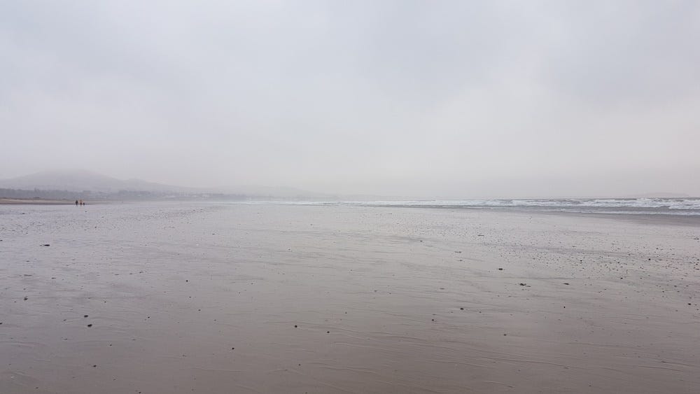 A wintry beach, misty with sea fog