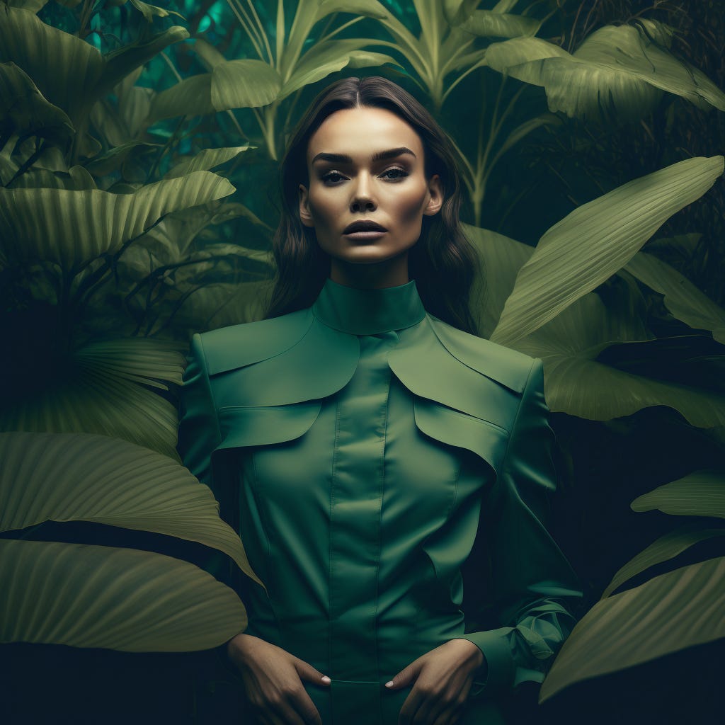 expressive supermodel wearing minimalistic clothes in green jungle, high fashion symmetrical medium shot portrait shoot, cinematic
