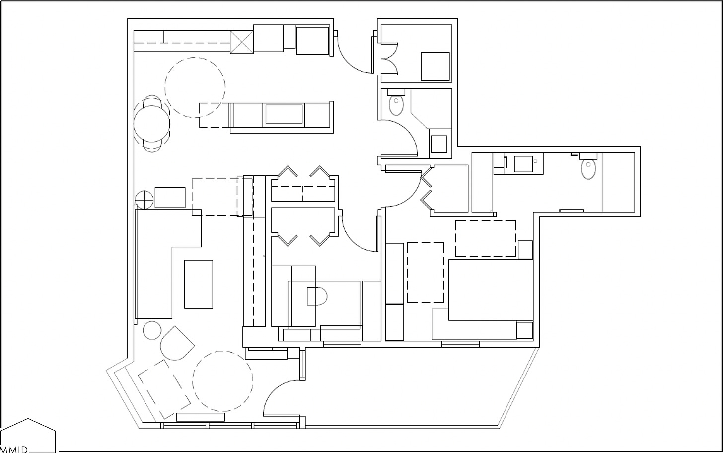 Line drawing showing a blueprint of the layout of our condo.