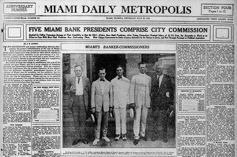  Front page of the Miami Metropolis on Thursday, July 28, 1921, showcasing the first Miami City Commission.