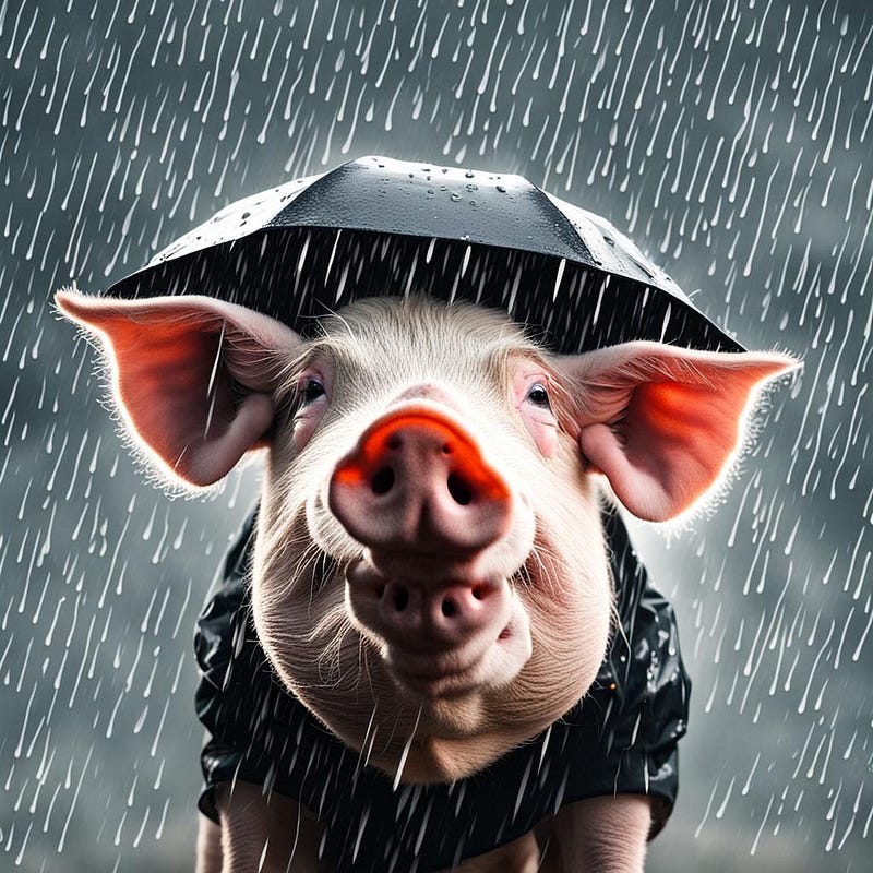 Pig in rain, with brolly