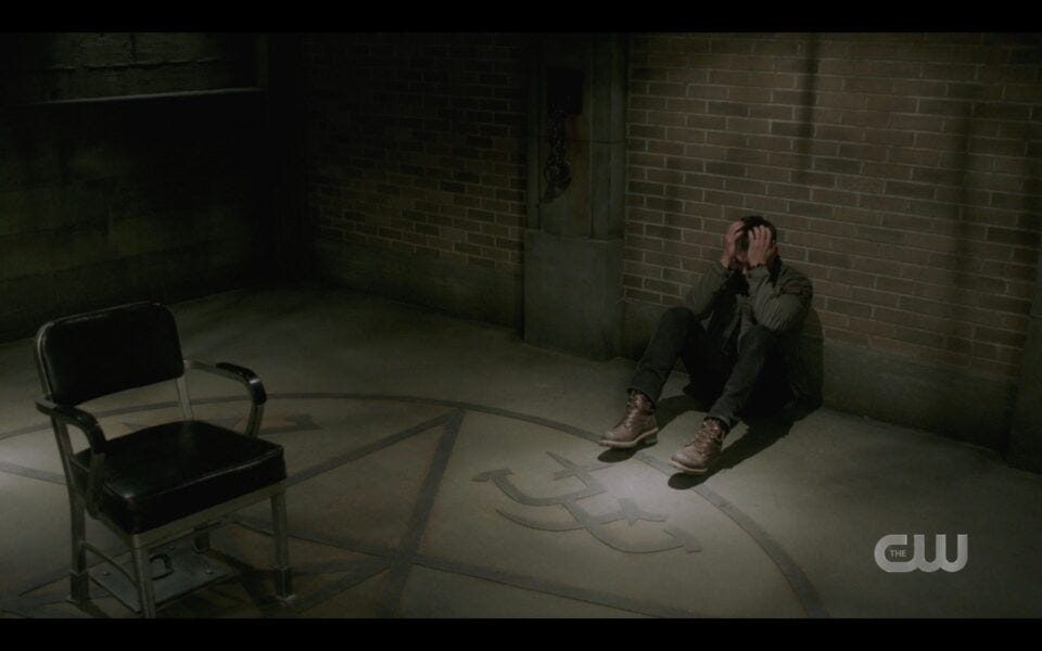 SPN 1518 Dean winchester crumbled on floor as Sam calls him mttg