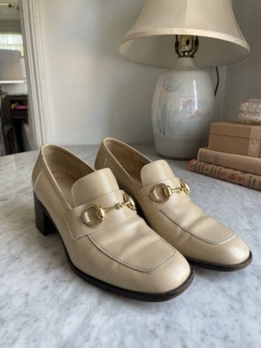 Vintage Gucci Loafers Cream Colored Block Heel Women’s Size 8 - Picture 1 of 10