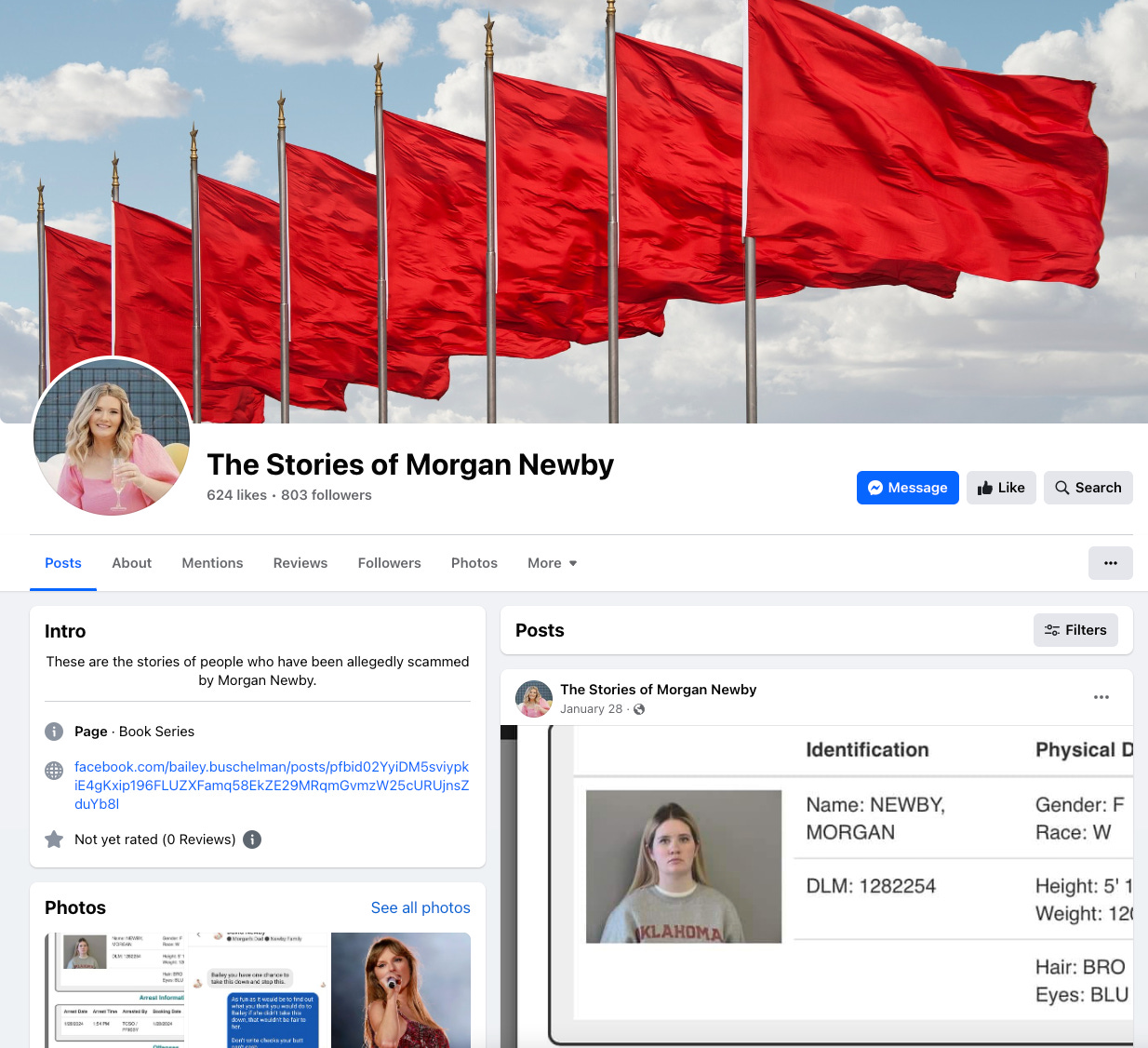 screen capture of the Facebook Page The Sties of Morgan Newby featuring red flags as the cover photo