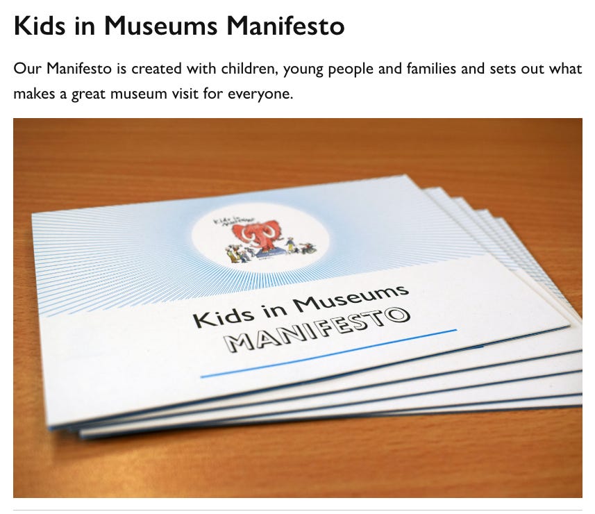Screenshot from 'Kids in Museums Manifesto' webpage. Body copy reads "Our Manifesto is created with children, young people and families and sets out what makes a great museum visit for everyone."