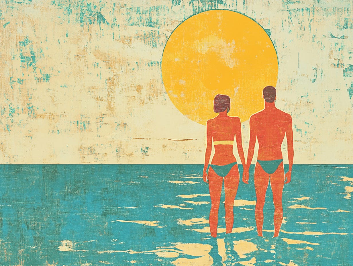 Illustration of a man and a woman in bathing suits wading into the ocean