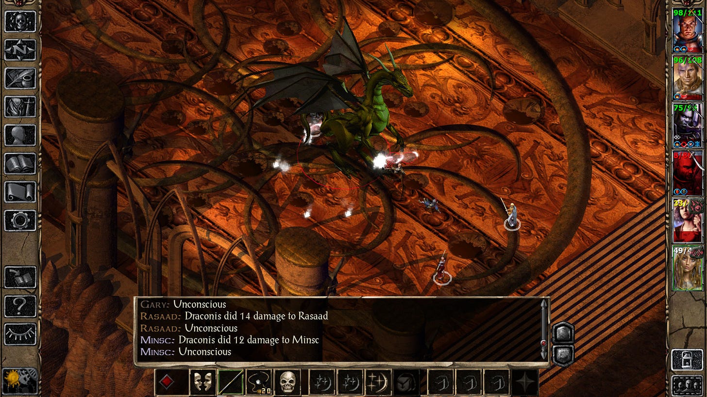 A screenshot from Baldur's Gate II. The interface elements run along the left and right-hand sides, as well as the bottom. In the middle of the screen, several small player characters do battle with a dragon in a red room.