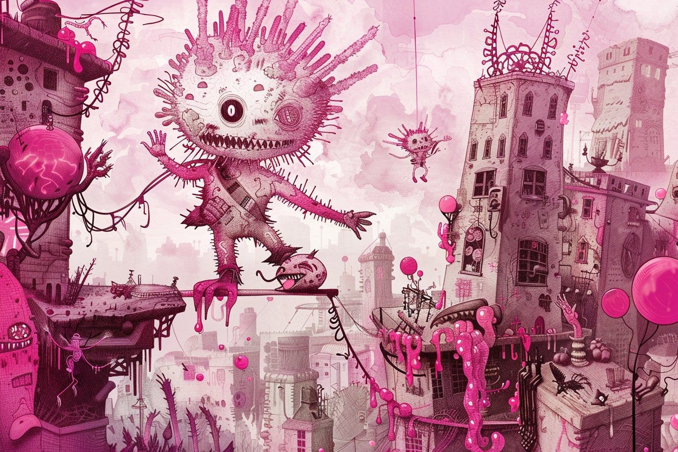 2D illustration | the creature from the city | whimsical cartoonishness in the style of childhood arcadias | off-white and pink | crosshatched shading | chilling creatures, sharp/prickly | elaborate costumes | jump cuts --ar 3:2 --s 50 --v 6.0