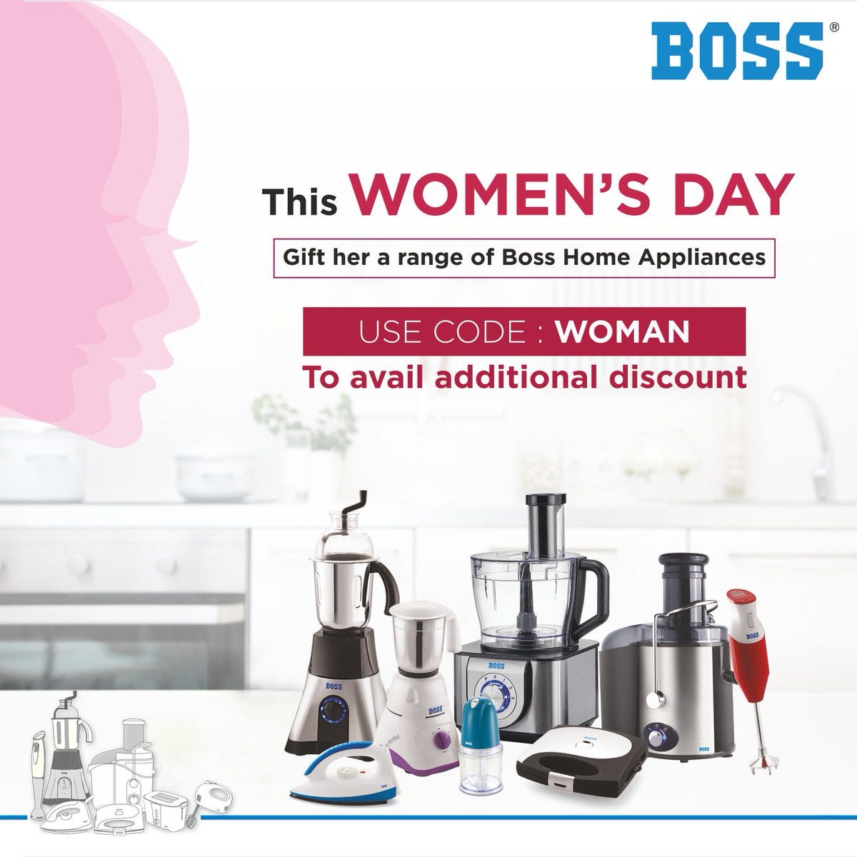 BOSS Home Appliances on X: "This Women's Day, Give her the comfort she  deserves! Use Code: WOMAN, to avail additional discount on BOSS Appliances.  Offer Valid on https://t.co/VtcI0dj0rZ. Hurry! #BOSSHomeAppliance  #WomensDayOffer #HappyWomensDay