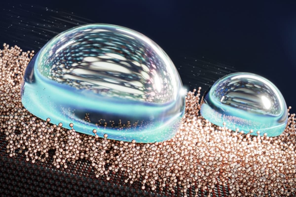 An artist's impression of water rolling off the new superhydrophobic SAM coating
