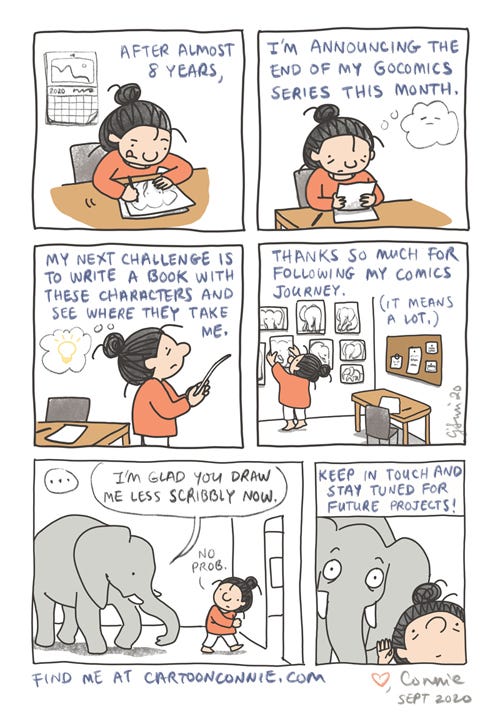 Announcement: Leaving GoComics; What's Next announcement, gocomics, connie to the wonnie, new website, cartoonconnie comics and illustration, connie sun, what's next